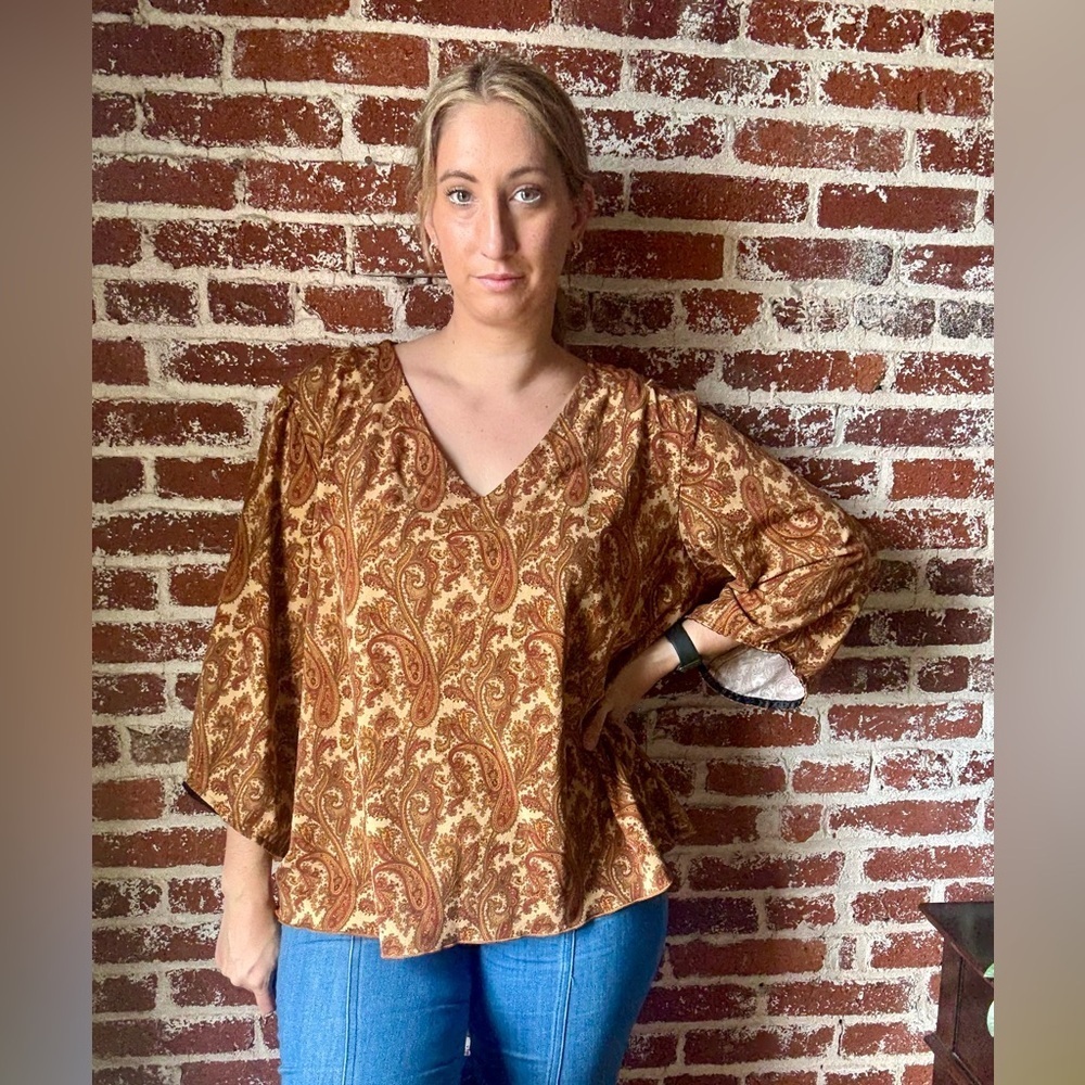 70s vibe JohnPaulRichard warm tone paisley blouse 
red/yellow/brown in color